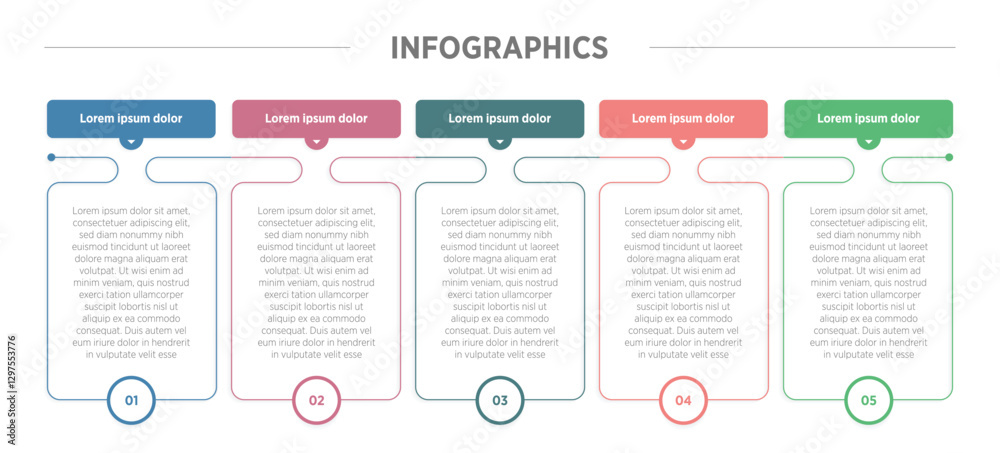 Modern Horizontal progress bar featuring 5 shaped elements, symbolizing the five stages of business strategy and progression. Clean timeline infographic design template. Vector for presentation