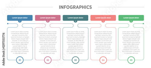 Modern Horizontal progress bar featuring 5 shaped elements, symbolizing the five stages of business strategy and progression. Clean timeline infographic design template. Vector for presentation
