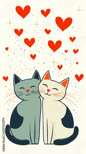 Adorable Vector Art of Two Cats Cuddling Amidst Floating Hearts - Cute Cartoon Illustration Embracing Love and Friendship in Pastel Colors for Valentine's Day