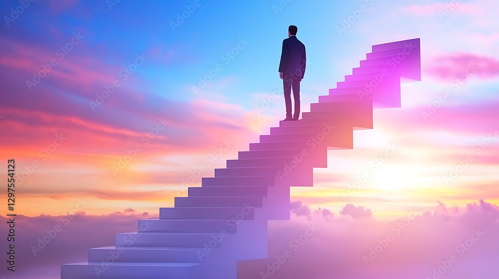 custom made wallpaper toronto digitalAscending to success a businessman on stairs towards a bright horizon dreamy sky environment