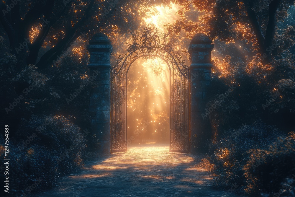 Fototapeta premium Ornate Gate to Magical Forest at Dusk: Glowing Pathway and Mystical Ambiance
