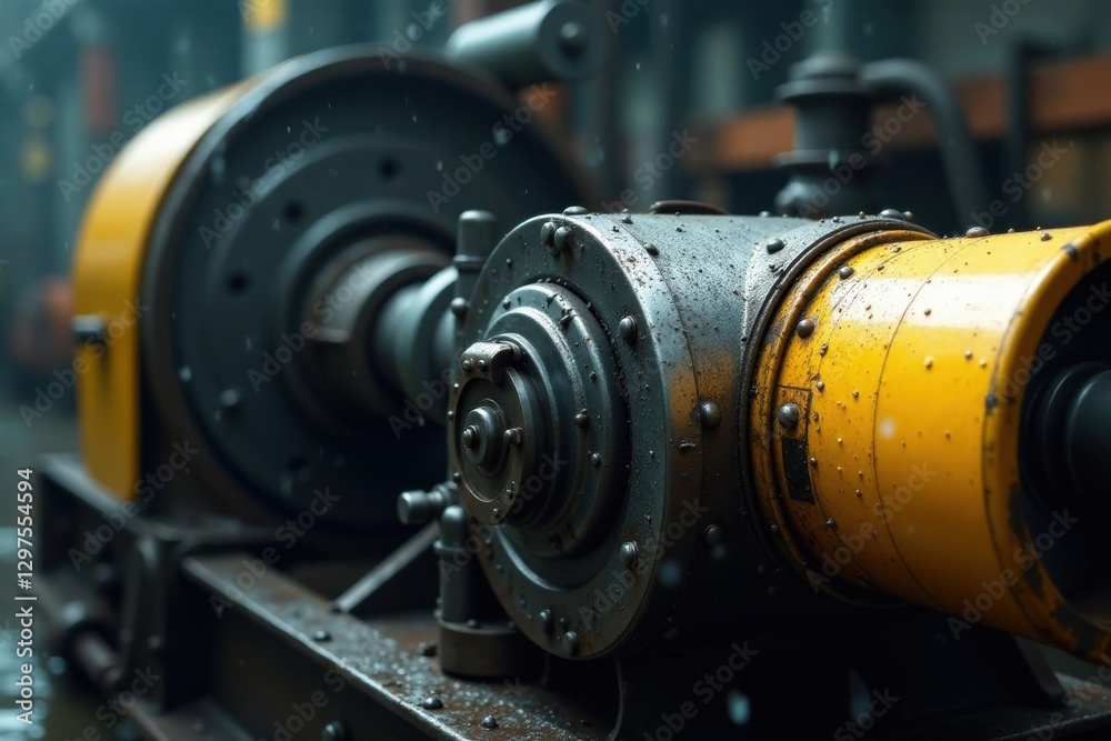 A Close-Up View of Industrial Machinery Showing Gritty Texture and Yellow Accents under a Light Rain A Close-Up View of Industrial Machinery Showing Gritty Texture and Yellow Accents under a Light Rain