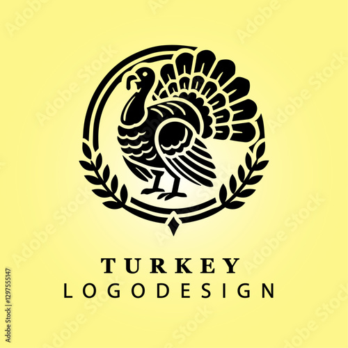 Black Turkey Logo with Fanned Tail on Yellow Gradient Background for Branding, Farm, Agriculture, Thanksgiving, Business, Creative Design, and Corporate Identity Concepts
