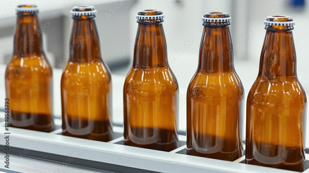 Craft Beer Production Process with Bottles on Production Line in Modern Brewery Setting Craft Beer Production Process with Bottles on Production Line in Modern Brewery Setting