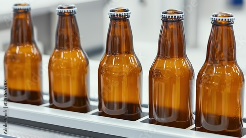 Craft Beer Production Process with Bottles on Production Line in Modern Brewery Setting
