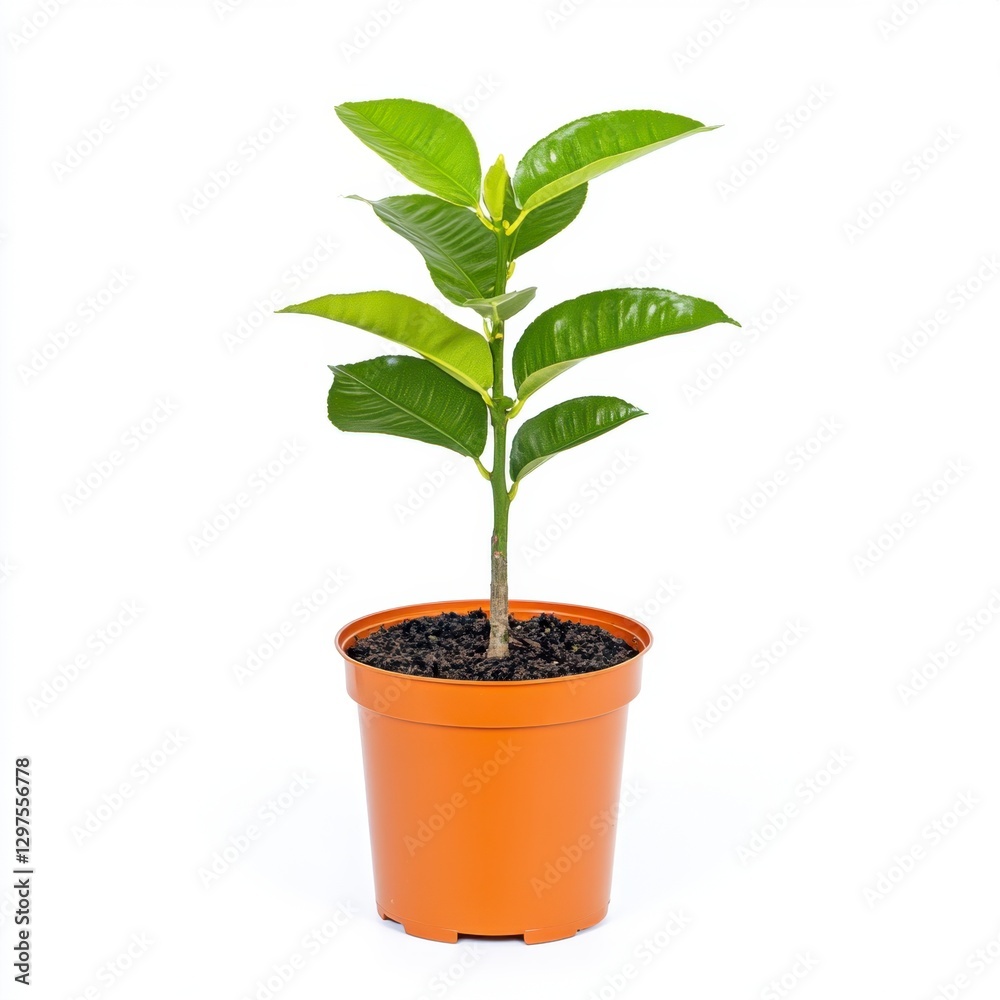 Vibrant green sapling with broad leaves in a small brown pot against a bright white background. The plant is young and healthy, showcasing new Vibrant green sapling with broad leaves in a small brown pot against a bright white background. The plant is young and healthy, showcasing new