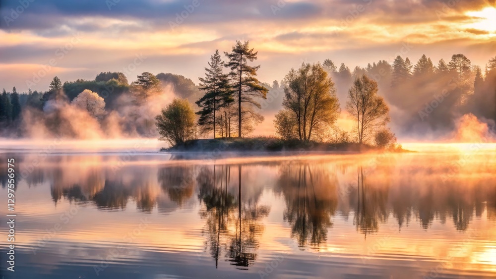 Obraz premium Serene Lakeside Sunrise with Mist and Reflections in Calm Water