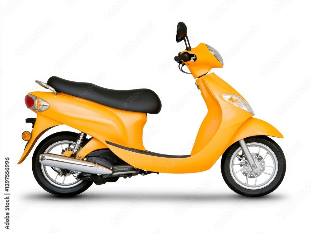 Studio shot of a yellow scooter on a white background. The scooter is shown from the side, with details like the wheels, seat and exhaust clearly Studio shot of a yellow scooter on a white background. The scooter is shown from the side, with details like the wheels, seat and exhaust clearly