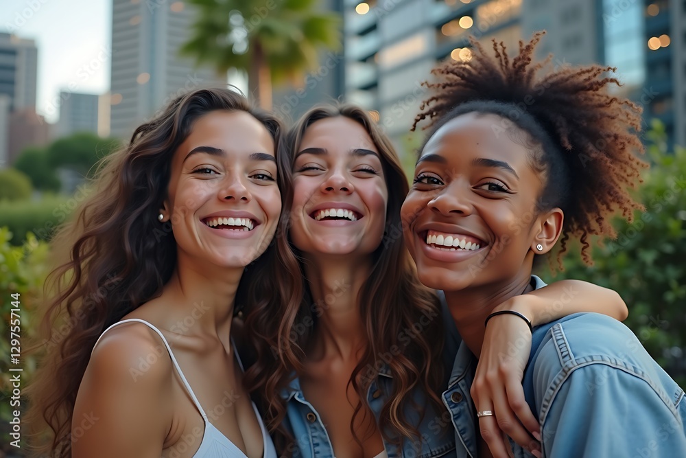 Fototapeta premium Cheerful multicultural friends taking a selfie together in an urban outdoor setting with modern cityscape and greenery 