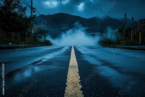 Moody Night Road Vanishing Into Misty Mountainscape with Path Line and Weather Effect Pathways and