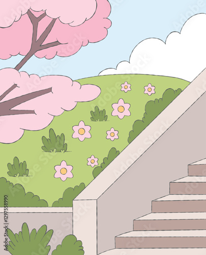 Sunny day spring cherry blossoms park and staircase