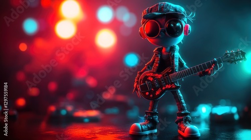 Cute cartoon character playing electric guitar concept of energetic stage performance, with bright neon colors, unique hair
