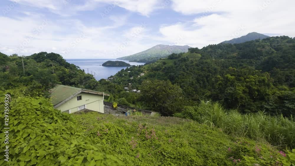 Lush green jungle with small houses below, an island on the water and a volcano in the distance in St. Vincent and the Grenadines Lush green jungle with small houses below, an island on the water and a volcano in the distance in St. Vincent and the Grenadines