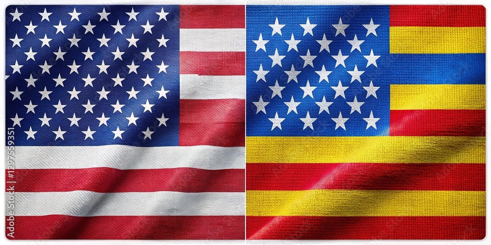 Fototapeta premium United States and Venezuela Flags Textile Cloth Fabric Texture