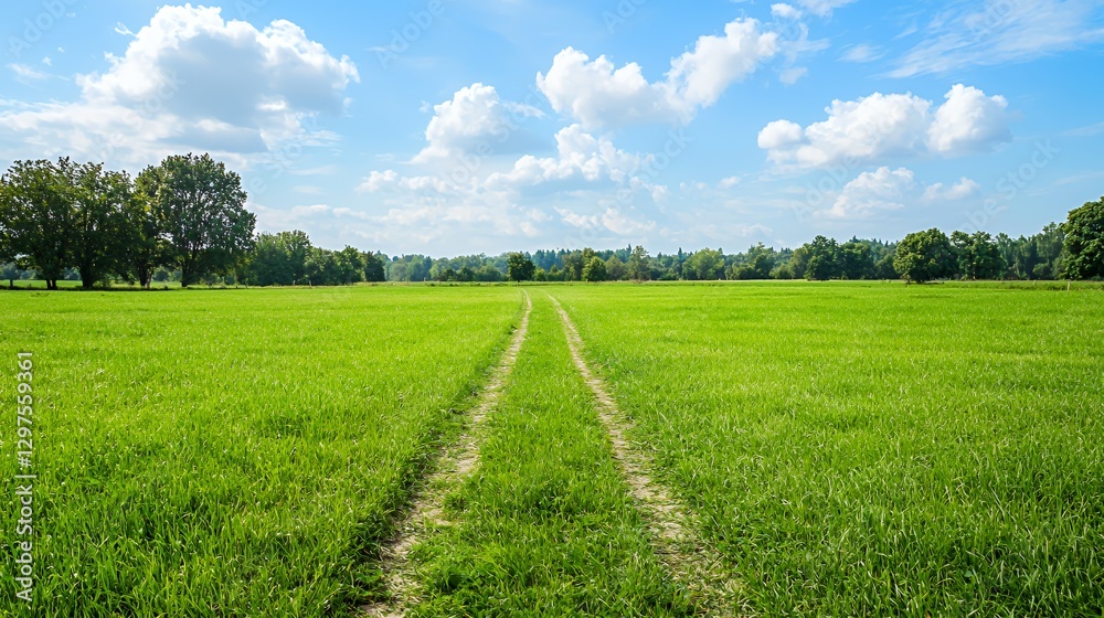Bright Sunny Day in Lush Green Field with Blue Sky and Fluffy Clouds Bright Sunny Day in Lush Green Field with Blue Sky and Fluffy Clouds