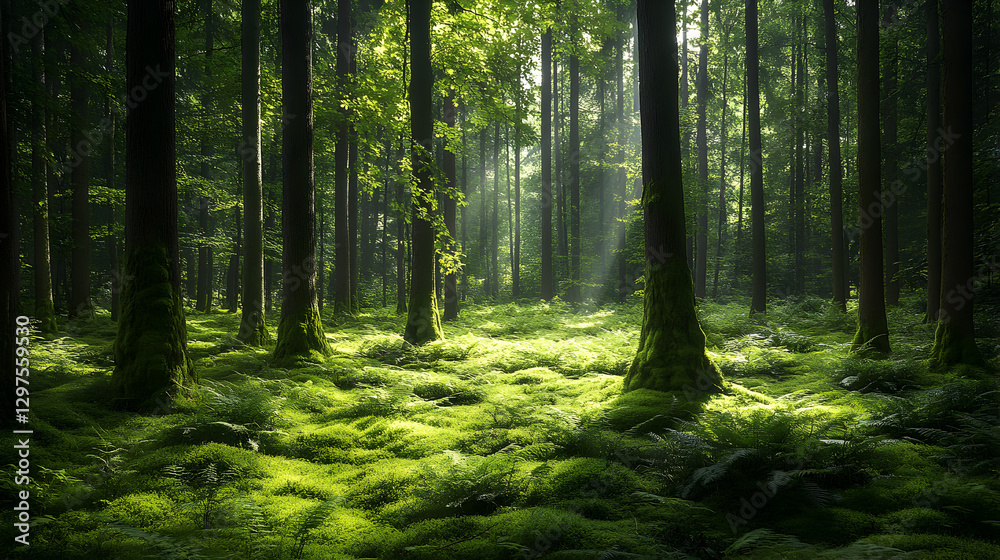 forest with a carpet of ferns and soft moss underfoot, shaded by a canopy of mature trees with sunlight streaming through forest with a carpet of ferns and soft moss underfoot, shaded by a canopy of mature trees with sunlight streaming through