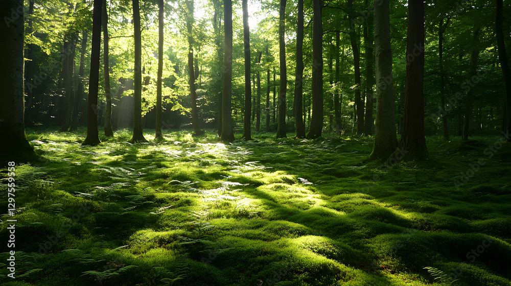 Fototapeta premium forest with a carpet of ferns and soft moss underfoot, shaded by a canopy of mature trees with sunlight streaming through