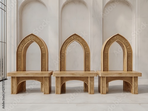 Elegant arched benches, marble room