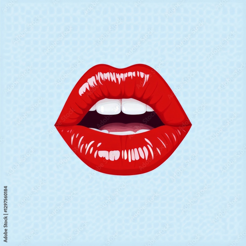 Bold pop art inspired close up of glossy red lips slightly parted with white teeth visible in a striking vibrant retro digital illustration emphasizing beauty and modern aesthetics