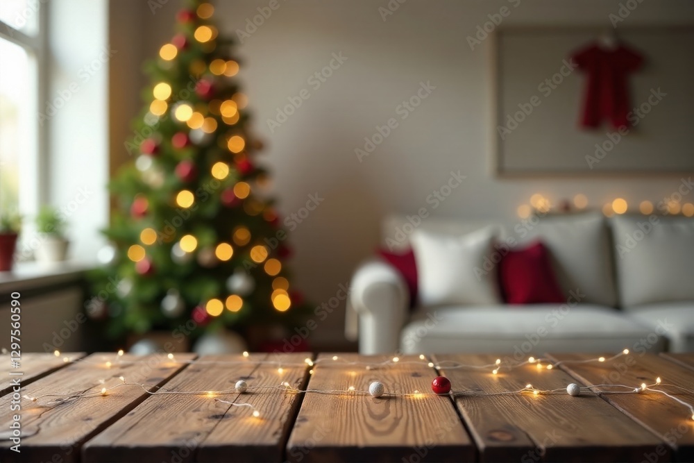 Rustic wooden table with twinkling fairy lights, perfect for holiday gatherings and festive cheer, blurred Christmas tree and cozy living room in background Rustic wooden table with twinkling fairy lights, perfect for holiday gatherings and festive cheer, blurred Christmas tree and cozy living room in background
