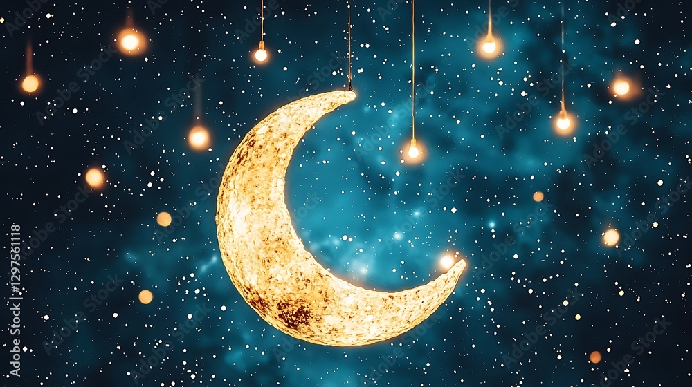 Fototapeta premium Celestial moon hanging in starry night sky digital art magical atmosphere cosmic serenity