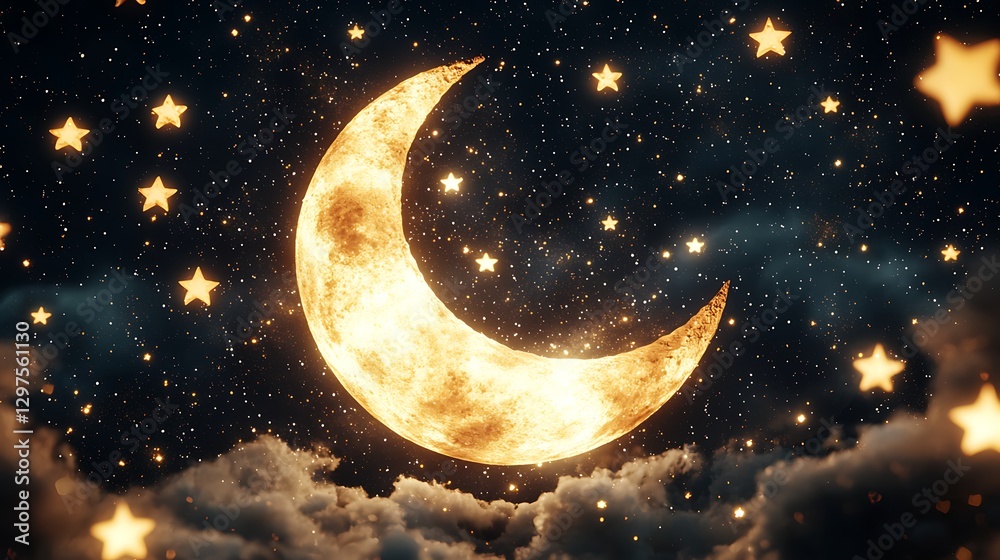 Naklejka premium Celestial nighttime wonder moon and stars illuminating the sky dreamy atmosphere aesthetic viewpoint
