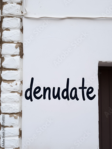 White wall with black paint inscription denudate on it