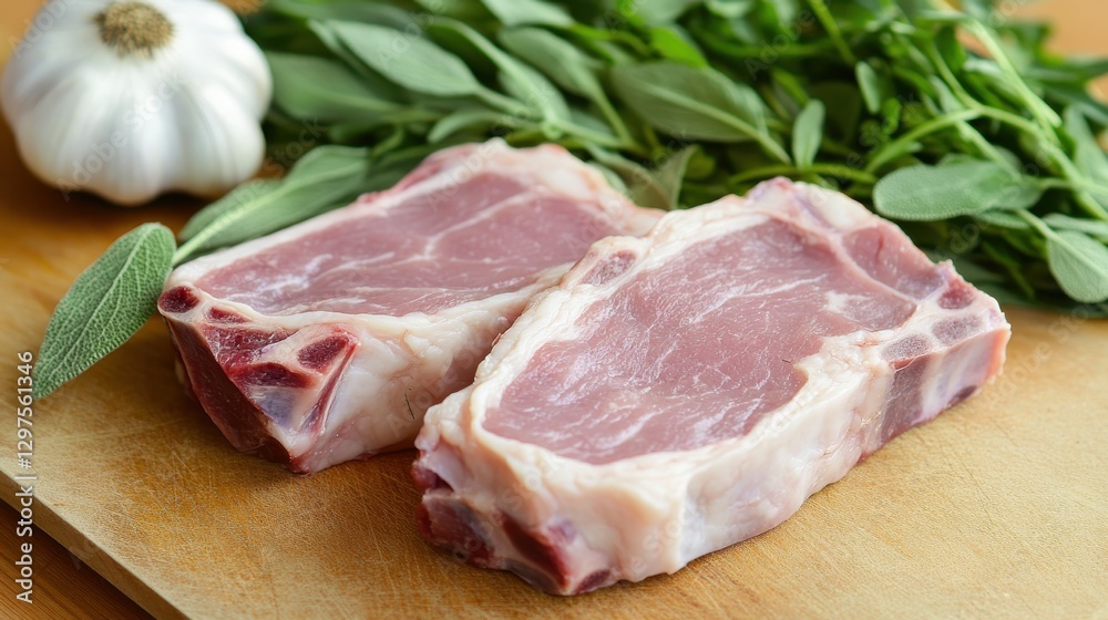 Fresh Pork Chops on Wooden Cutting Board Surrounded by Herbs and Garlic, Ready for Cooking or Culinary Preparation Fresh Pork Chops on Wooden Cutting Board Surrounded by Herbs and Garlic, Ready for Cooking or Culinary Preparation