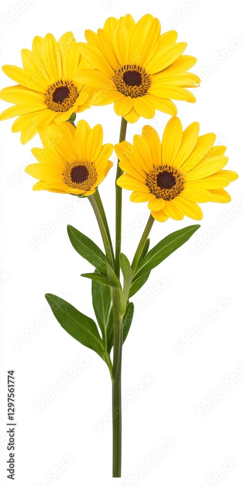 Naklejka premium Four vibrant yellow gerbera daisies with dark centers on a single green stem against a white background. Close up view showing fine details of petals