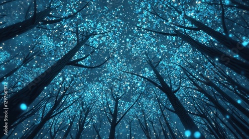 A serene forest scene illuminated by shimmering blue lights, creating a magical atmosphere as you gaze upwards through the trees.