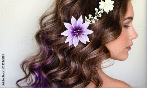 Young Woman with Wavy Brown and Purple Hair Adorned with Flowers