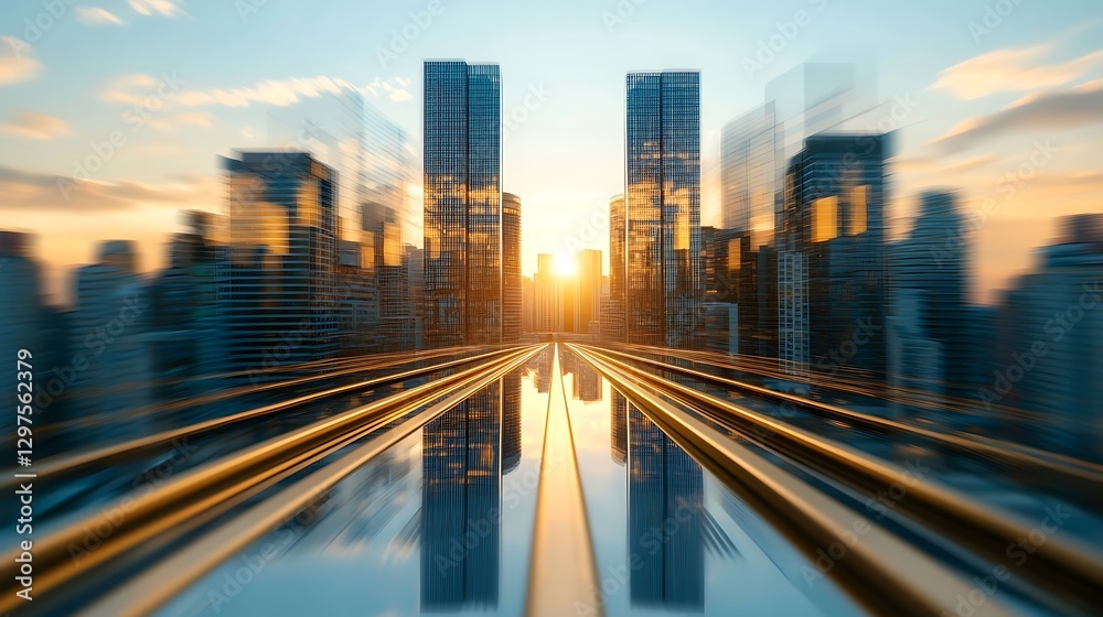 Fototapeta premium Dynamic urban sunset reflection city skyline photography modern environment aerial view vibrant concept