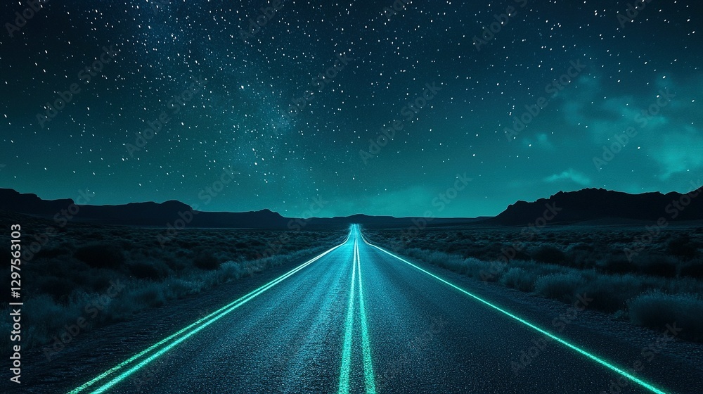 Fototapeta premium A long straight road leads into the star filled night sky