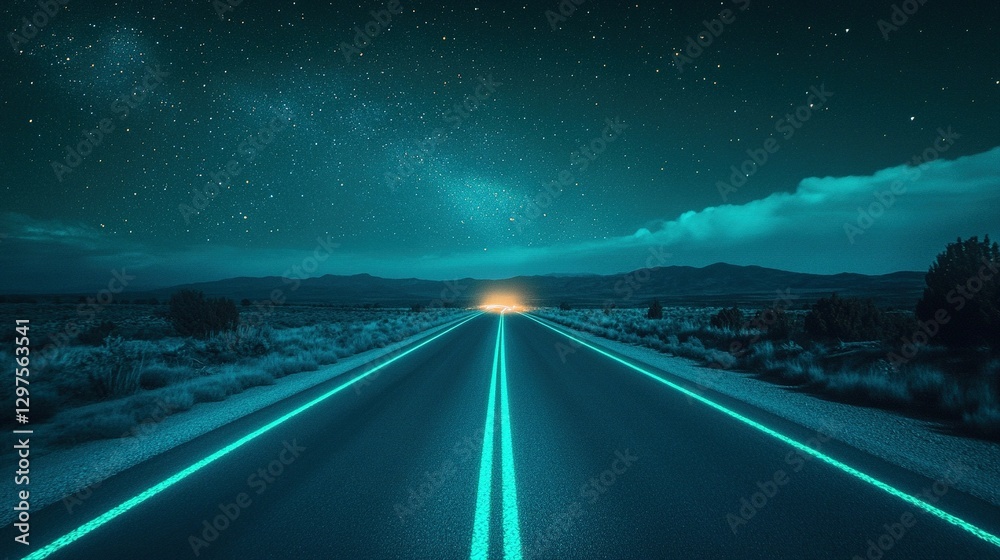 Obraz premium A glowing illuminated highway leads to a distant starry night sky