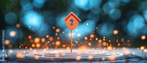 Wooden Birdhouse with Question Mark Abstract Composition, Blue Bokeh Background, Uncertainty Concept. Keywords mystery, enigma