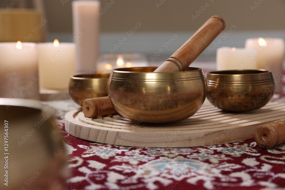 Singing bowls with mallet and burning candles on floor indoors, closeup Singing bowls with mallet and burning candles on floor indoors, closeup