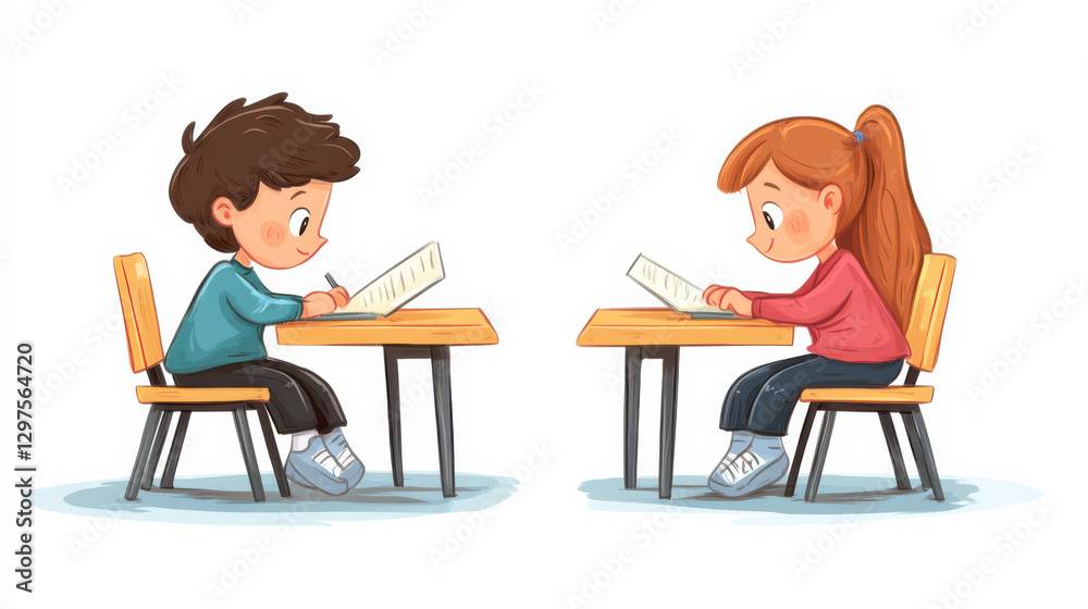 Two children sitting at desks, focused on writing, in classroom setting. boy and girl are engaged in their tasks, illustrating learning environment Two children sitting at desks, focused on writing, in classroom setting. boy and girl are engaged in their tasks, illustrating learning environment