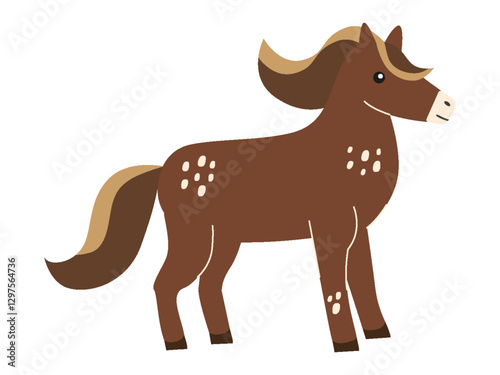 Flat cartoon illustration of a brown horse with a flowing mane and white spots on its body. The horse stands in profile with a slightly raised tail. Vector design on a white background
