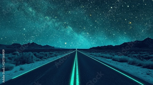 A long road leads under a starry turquoise night sky