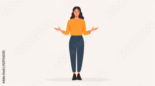 woman with long hair stands with open gesture, wearing yellow sweater and blue pants, conveying welcoming expression. background is plain, emphasizing her casual attire