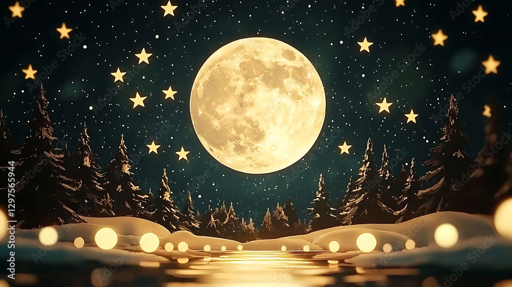 Moonlit reflection on a snowy lake winter night digital art tranquil environment serene viewpoint Moonlit reflection on a snowy lake winter night digital art tranquil environment serene viewpoint