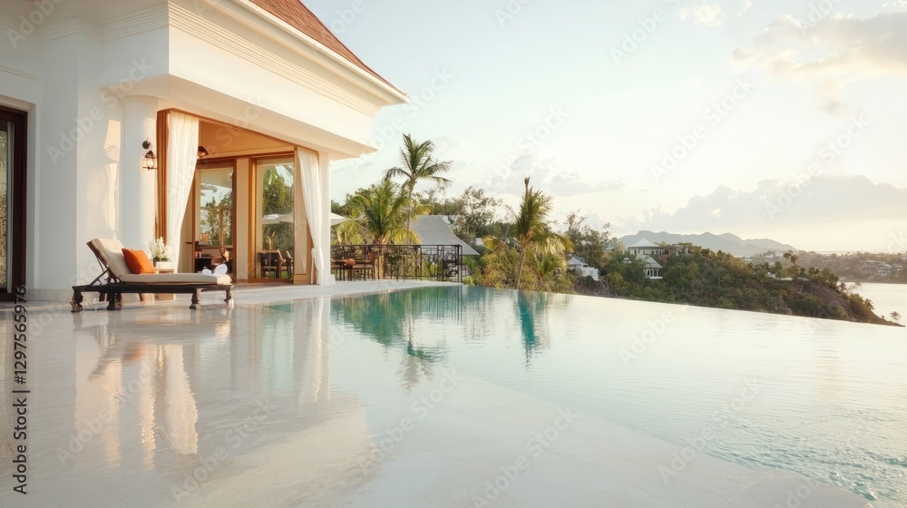 Fototapeta premium Luxury Infinity Pool Villa Sunset Tropical Ocean View Relaxation