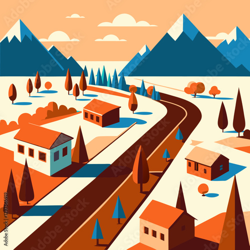 Top view of the endless image of the city in bright colours and geometric style. Houses, trees, roads, cars. Seamless pattern