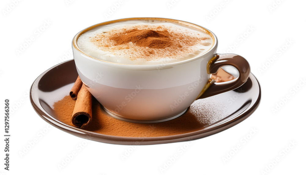 Cup of cappuccino coffee with cinnamon isolated on transparent background Cup of cappuccino coffee with cinnamon isolated on transparent background