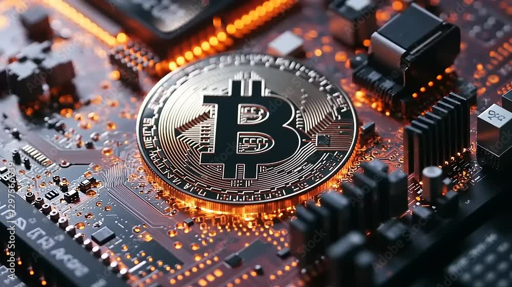 Close-up of a Bitcoin symbol on a circuit board, illuminated by glowing elements, showcasing technology