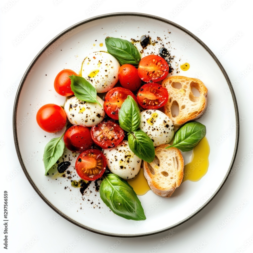Fresh caprese salad with cherry tomatoes and basil culinary delight home kitchen gourmet presentation top view Fresh caprese salad with cherry tomatoes and basil culinary delight home kitchen gourmet presentation top view