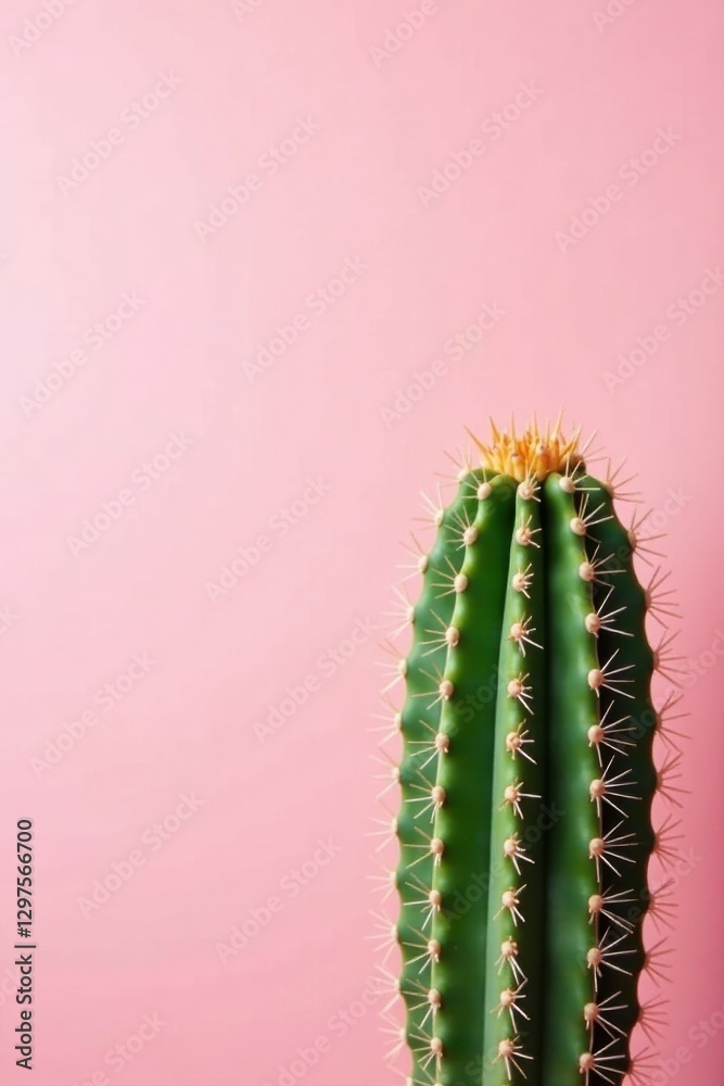 Naklejka premium A vibrant green cactus with prominent spines stands tall against a soft pink backdrop, a striking contrast of textures and colors.