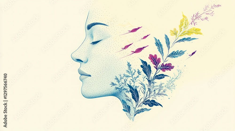 Serene Botanical Face AI Art Floral Design Woman Profile Nature Peaceful Serene Botanical Face AI Art Floral Design Woman Profile Nature Peaceful