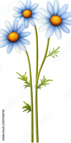 Three light blue daisies with yellow centers and green stems on a white background. A simple, elegant floral image