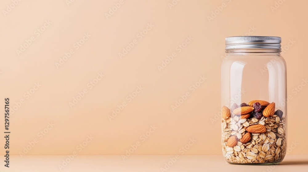 Glass jar filled with mixed nuts and oats against a soft peach background, ideal for healthy eating concepts Glass jar filled with mixed nuts and oats against a soft peach background, ideal for healthy eating concepts